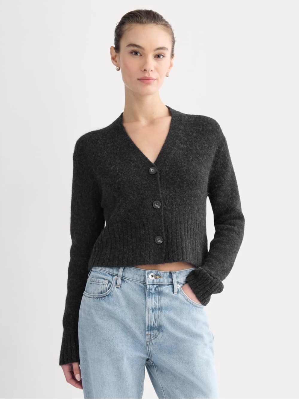 New Everlane HIGH V CROPPED CARDIGAN IN ALPACA Heather Black Size XS